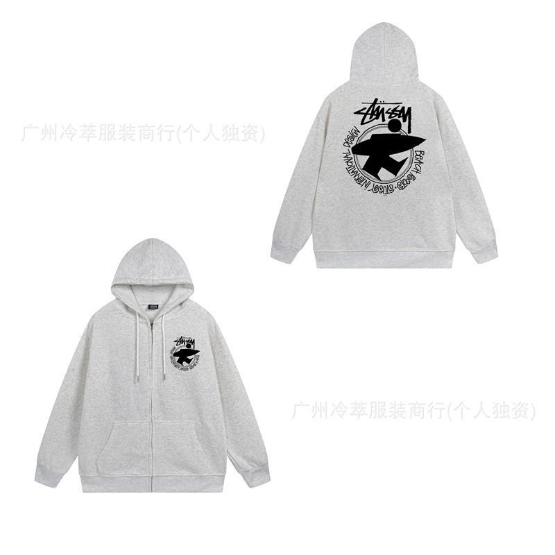 Unisex Hooded Zip-Up Fleece-Lined Sweatshirt With Letter Print Loose Fit Cotton Long Sleeve Men Women