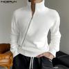 Men Long Sleeve Rib Zipper Up T-shirts Casual Turtleneck Tops