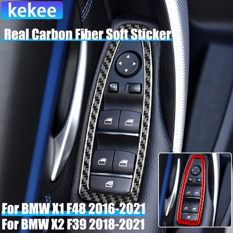 Real Carbon Fiber Car Accessories Window Lifting Control Frame Trim Cover Soft Sticker For BMW X1 F48 2016- X2 F39 2018-