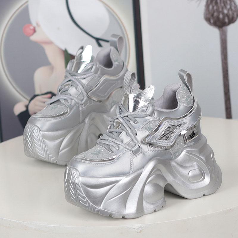 Мода НОВЫЕ Женские Повседневные Кроссовки на Платформе 12 см Высокий Каблук Зимняя Спортивная Кожаная Обувь Блестящие Кроссовки Массивные Ботинки Zapatillas Mujer