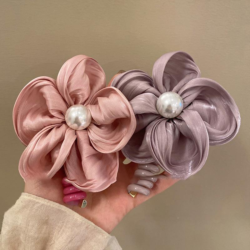 Fabric Flower Pearl Telephone Line Hair Band Fashion Simple Temperament Hair Rope Versatile Headgear Hair Accessories High Sense