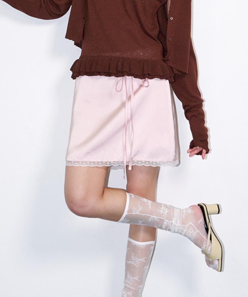Opening Sunshine Strap Belt Satin Mini Skirt Lace Pink