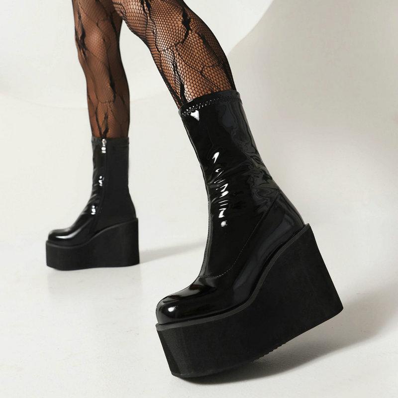 Легкая подошва из пеноматериала, платформа, танкетка, туфли на высоком каблуке для девочек, блестящая лакированная искусственная кожа, красные, белые эластичные ботильоны, готические женские черные сапоги