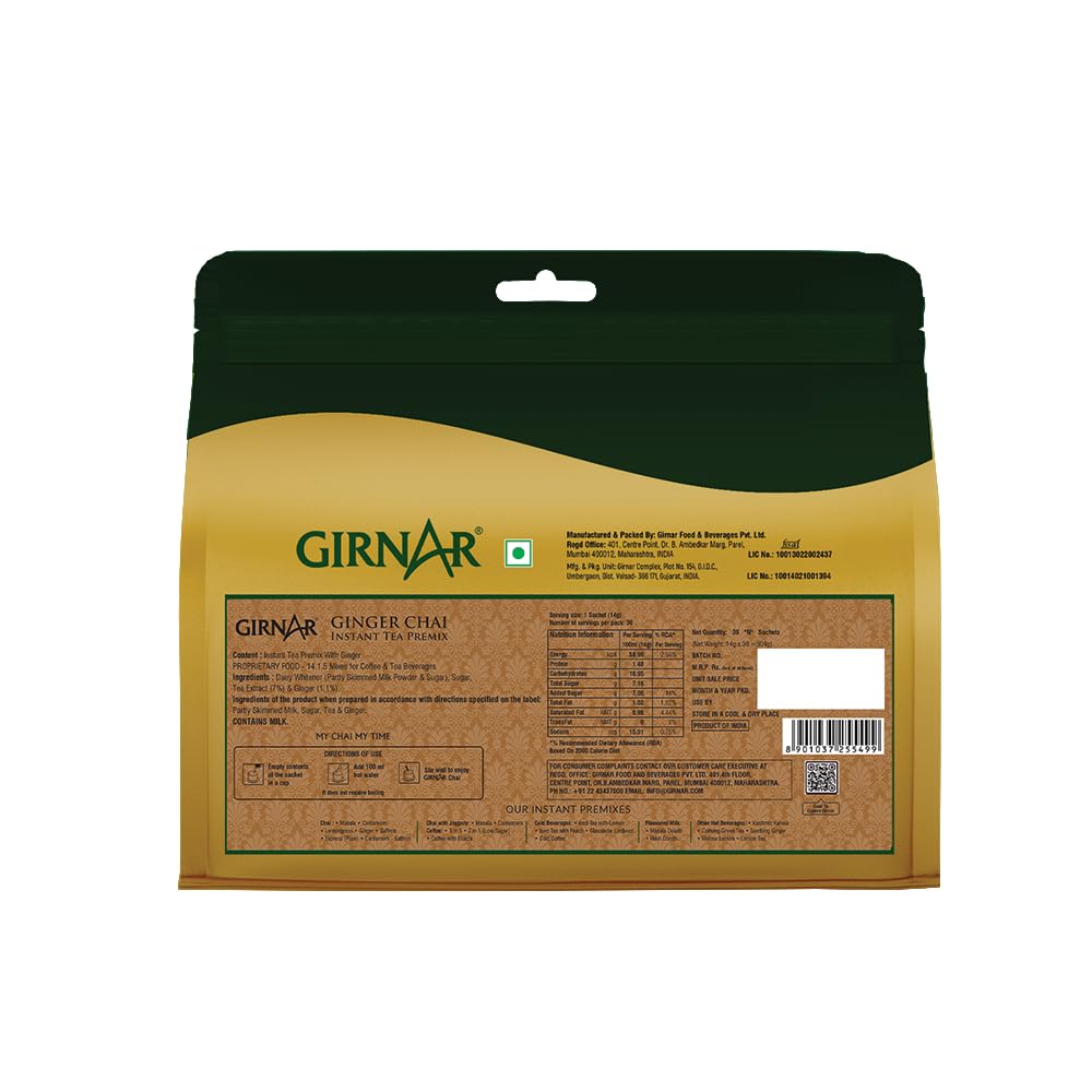 Girnar Instant Ginger Tea Premix Sachets 36 Pack Quick Hot Chai Drink Rich Flavor Easy Preparation Aromatic