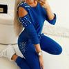 Женский спортивный костюм из 2 предметов, спортивный костюм с открытыми плечами, однотонный топ с круглым вырезом, расшитый бисером, брюки, костюмы