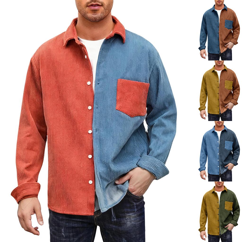 Mens Shacket Patchwork Long Sleeve Button Down Corduroy Shirts For Men