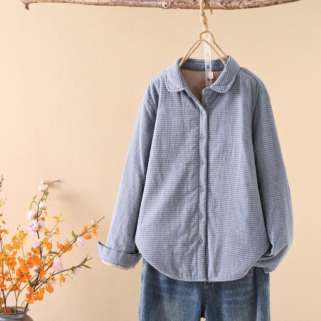 Стильная женская стеганая рубашка-куртка в клетку с хлопковым наполнителем - Коллекция Осень/Зима 2025, Теплый повседневный топ (Стиль 86536)