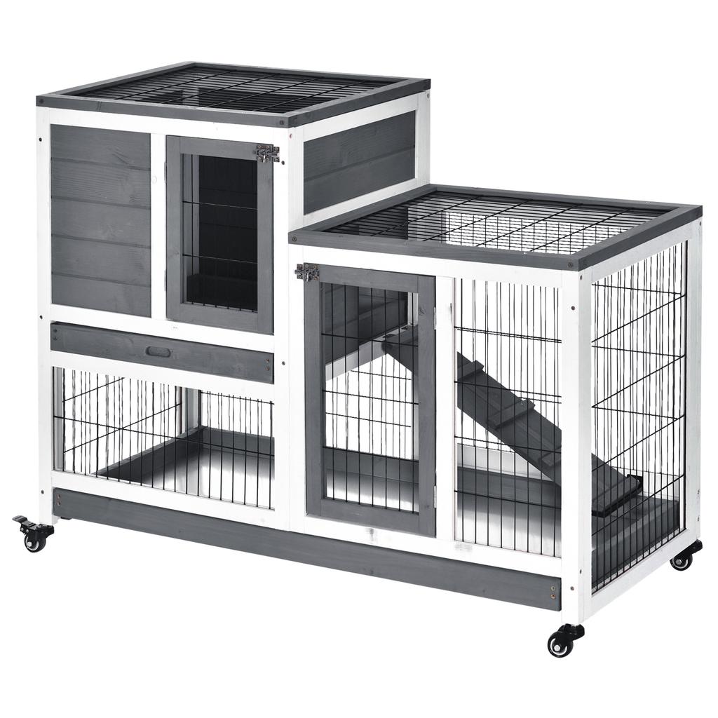 Wooden Rabbit Hutch with Wheels for Indoor Use, 2-Story Cage with Ramp and 2 Removable Trays, 110x50x88cm, Grey