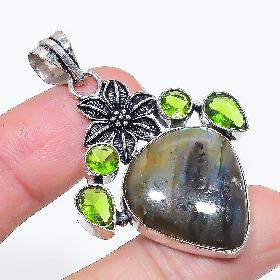 Natural Labradorite, Peridot 925 Sterling Silver Jewelry Pendant 2.09" H8j02