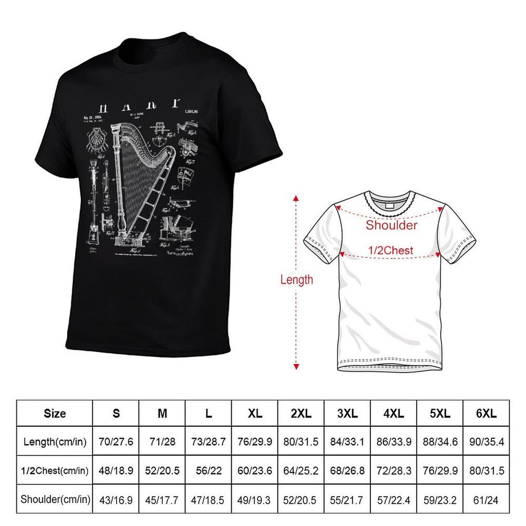 Harp Vintage Patent Harpist Drawing Print T-Shirt Cotton T Shirts Man 100% Printed T Shirts for Man Man T Shirts for Men T-Shirt
