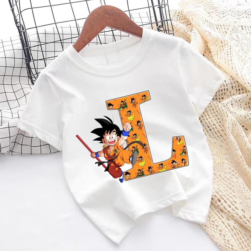 Футболка Dragon Ball Goku Детская с буквами от A до Z Топ Мультяшная Летняя Мода Белая с Коротким Рукавом Одежда Детская Повседневная Одежда Подарок