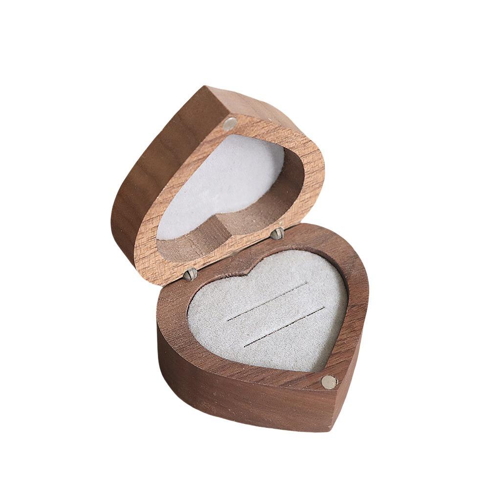 Anti-collision Walnut Wood Rings Box 1/2 Slots Rings Bearer Box Simple Heart Rings Holder  Propose