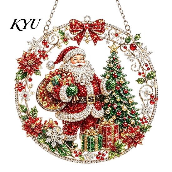 Round Acrylic Base Craft Christmas Faux Diamond Art Ornament Kit, Santa Angel Sun Catcher DIY Claus Crafting Project Board, 3D Bead Kit for