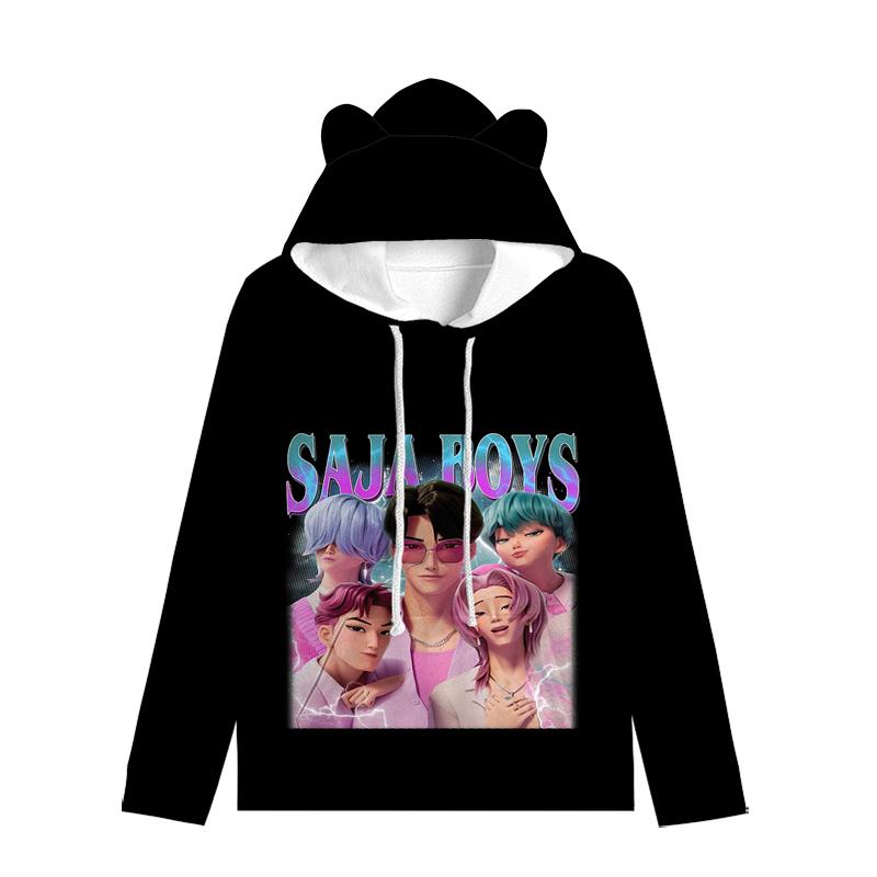 Huntrix Девушка Толстовка с капюшоном с кошачьими ушками Мультяшная K-pop Охотники на демонов На шнурке Толстый Пуловер Зои Руми Мира Средней длины Теплая Толстовка