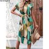 MODIQUE 2025 Summer Plus Size New Women's Casual Geometry Printing Waist Flowing Belt Long Dress Ladies H-Line Hot Batwing Sleeve V-Neck Dress