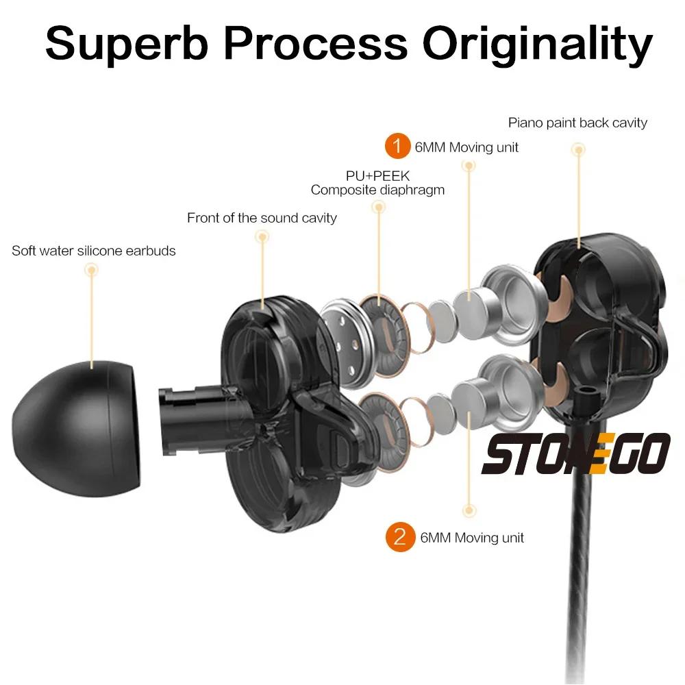 Dual Driver In-Ear Earbuds 3.5mm Jack Sports Dynamic Headphones Extra Stereo Bass Hands-Free Microphone