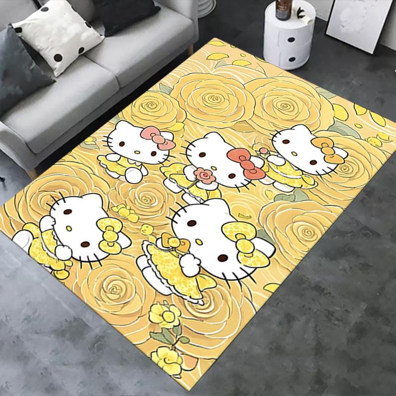 Office Rug Hello Kitty, Yellow Roses Anti-Slip Rug, Machine Washable for Living Room, Bedroom, Office, Multiple Sizes, Bedroom Mat, Decorative Mat, Du