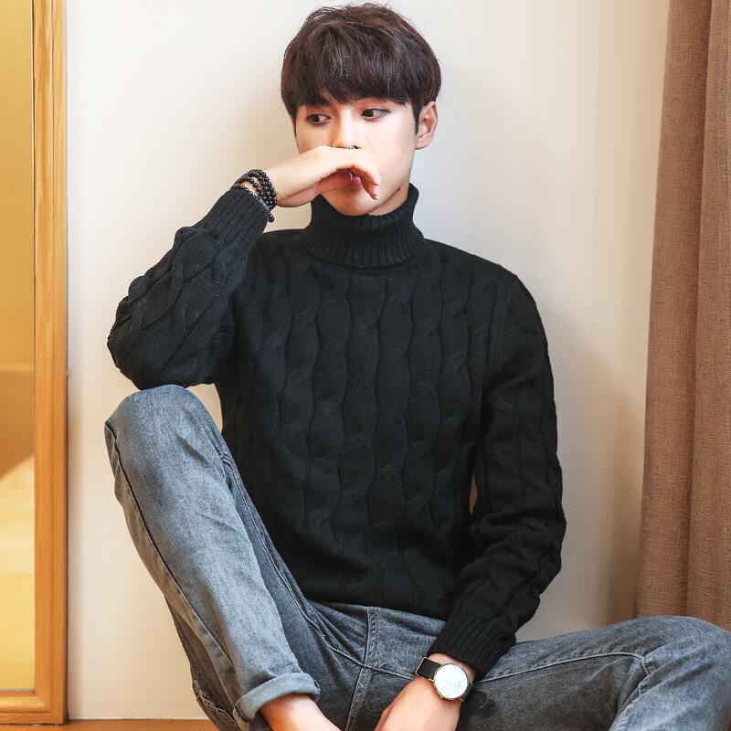 Autumn and Winter Thick High Neck Twisted Flower Men's Sweater Young Students Warm Knit Sweater Top