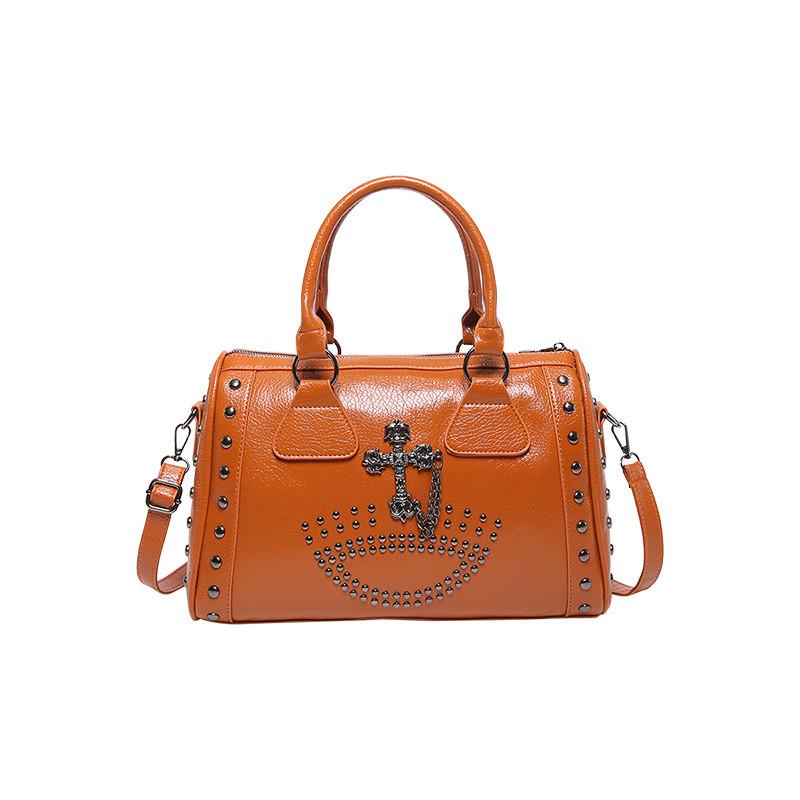 Vintage Boston Handbag For Women With Metal Studs And Zipper Closure