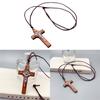 Retro Men Women Necklace with Black Rope Cross Pendant Christian Religious Natural Wooden for Children Boys Girls