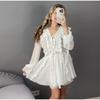 Elegant Ruffles Mini Dress Women V Neck Hollow Out Lace Up Long Sleeves Lace Dresses Female 2025 Spring Solid Color High Waist Dress