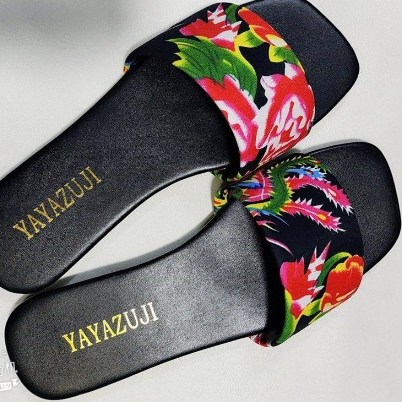 Summer New Flat Sandals Women's Square Head Open Toe Print Soft Sole Non-slip Wear-resistant Comfortable Slippers