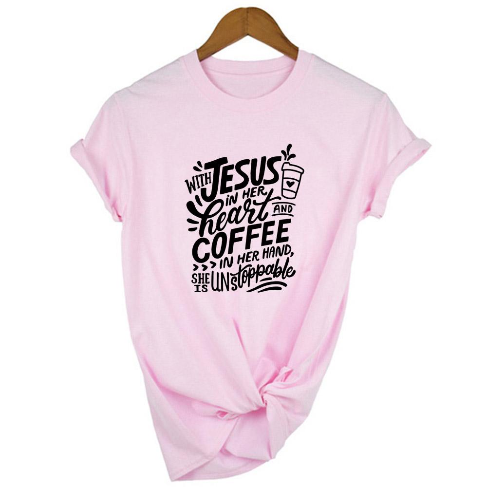 With Jesus In Her Heart And Coffee In Her Hand Women Faith God T Shirt