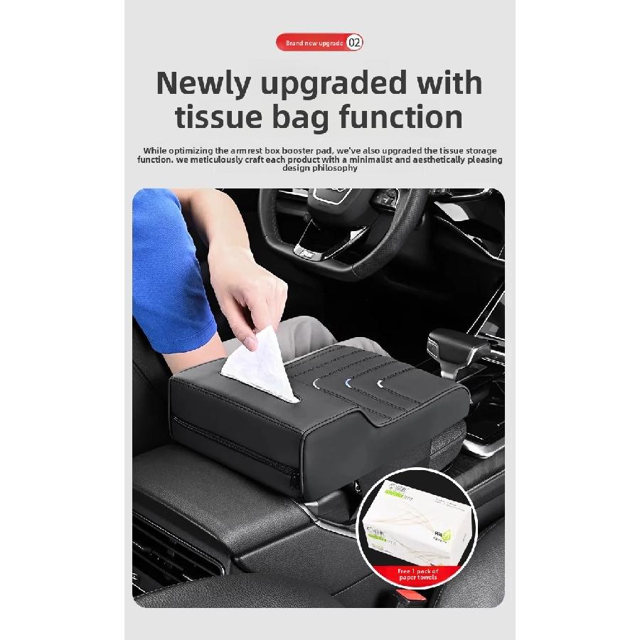 Car Armrest Box Height Increase Pad with Tissue Dispenser Car Armrest Leather Non-slip Memory Foam Pillow Protective Cover