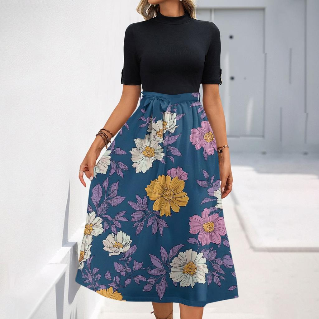 Женское модное повседневное платье с коротким рукавом и круглым вырезом с цветочным принтом и элегантным темпераментом