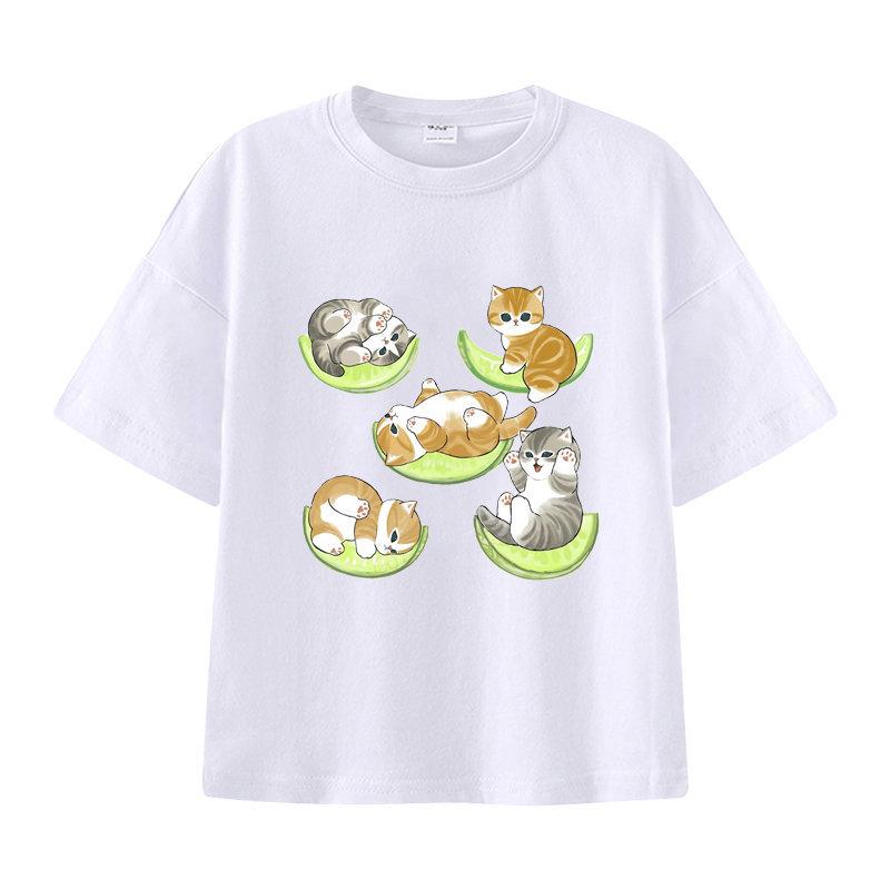 New Summer Catprinted Shortsleeved Tshirt A Cute and Trendy Outfit Featuring A Cartoon Shark Cat Kids Clothes Boys Girl