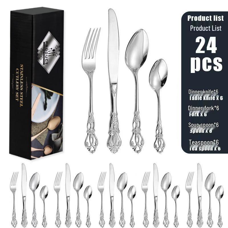 Набор столовых приборов Royal Court из 24 предметов из нержавеющей стали - Тисненые полые ножи для стейка, вилки и ложки