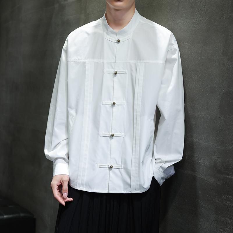 Осенняя мужская рубашка с воротником-стойкой, рубашки оверсайз, мужская рубашка с длинным рукавом в китайском стиле, формальные черно-белые повседневные ретро топы