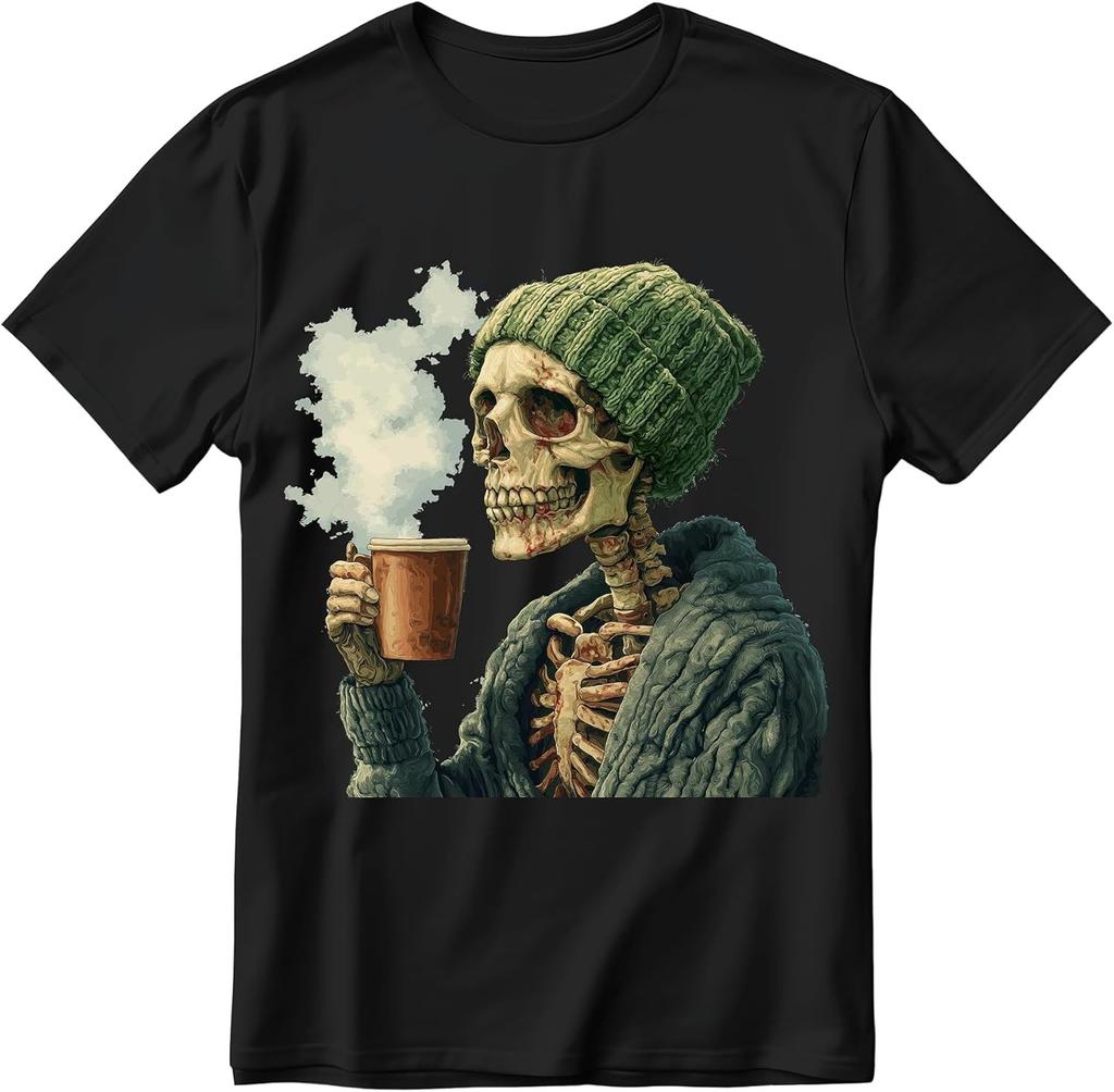 Drinking Coffee Skull Shirt for Men Skeleton Shirts Gift for Coffee Lover
