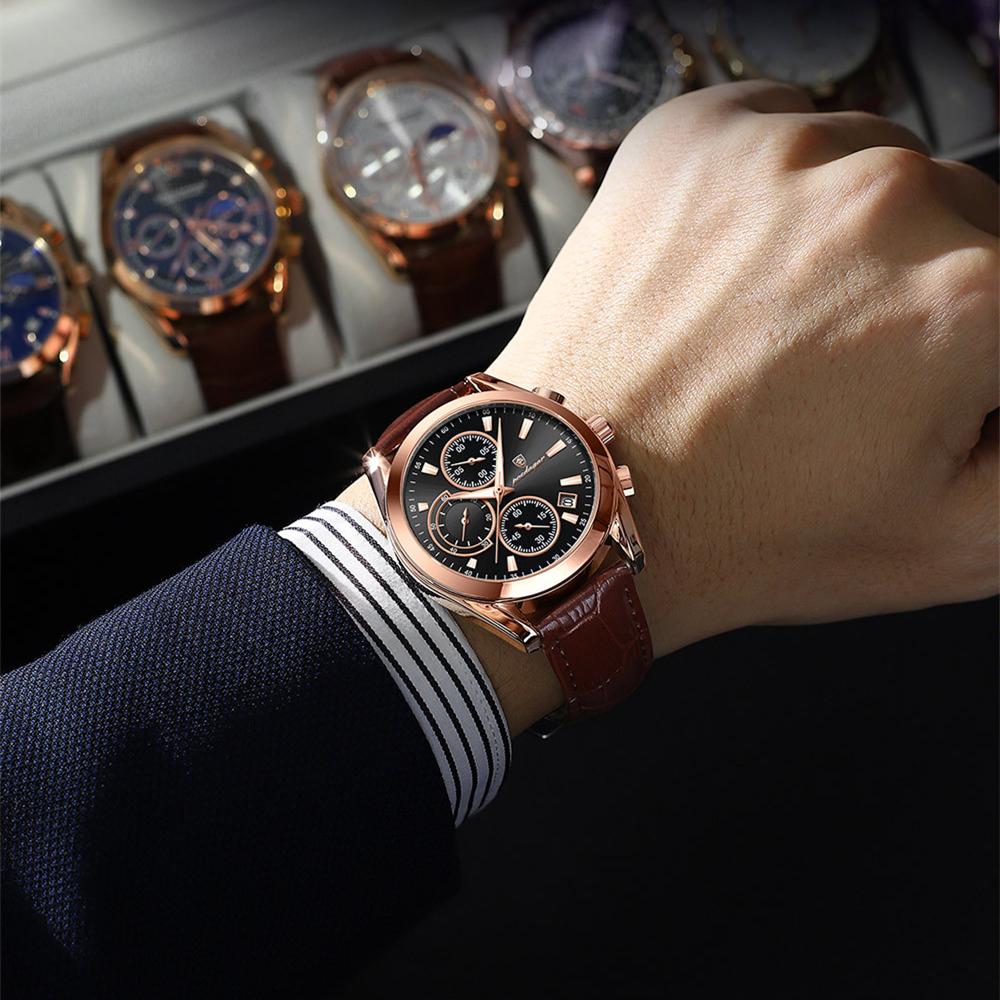 POEDAGAR Новые роскошные мужские часы высшего бренда с коробкой, светящиеся водонепроницаемые многофункциональные мужские кварцевые часы