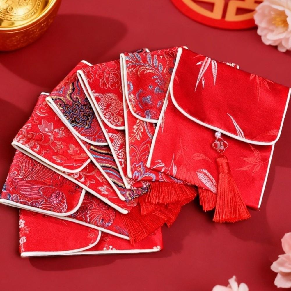 New Year Blessing Words Brocade Red Envelope Spring Festival Tassel Money Pocket Best Wishes Embroidery New Year Money Bag