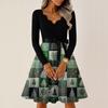 Women's Casual Fashion V-neck Long Sleeved Retro Christmas Print Retro Dress