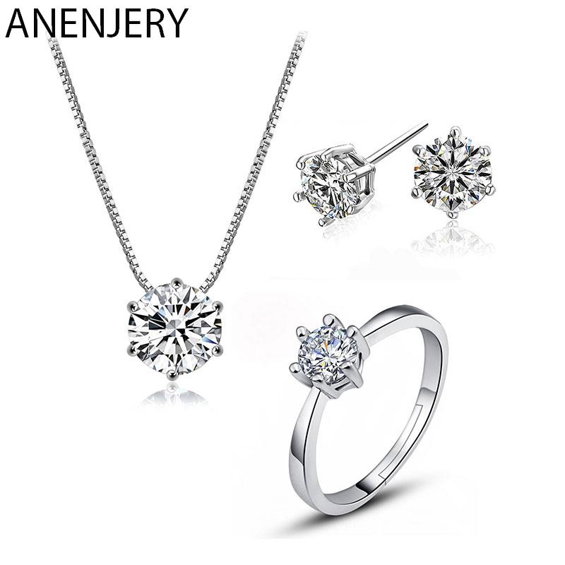ANENJERY Комплект свадебных украшений, ослепительное ожерелье с цирконом AAAAA, серьги, кольцо для женщин, подарок на годовщину