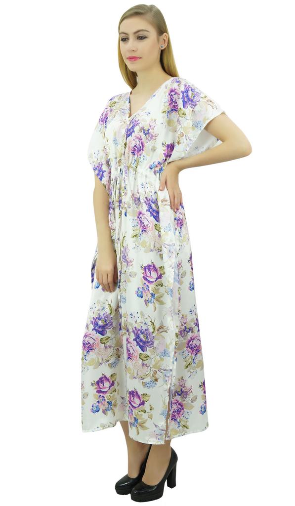 Bimba Женское длинное платье-кафтан с завязками и белым цветочным принтом для подготовки к празднику -