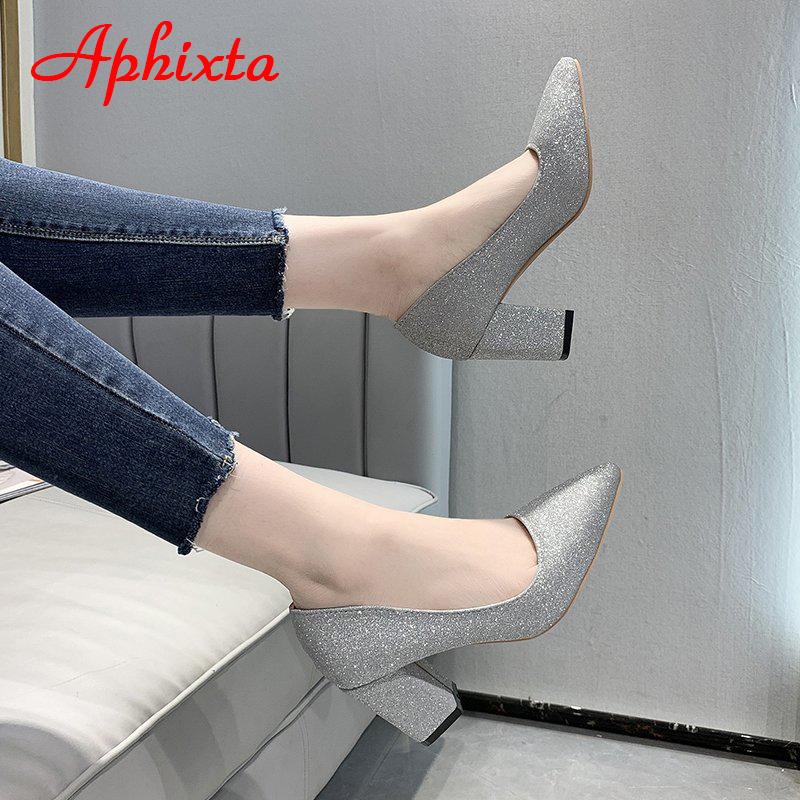 Aphixta Pointed Toe Shoes Women Pumps 7.5cm Career Square Heels Bling Work Office Party Shoes Super Big Size 49 50
