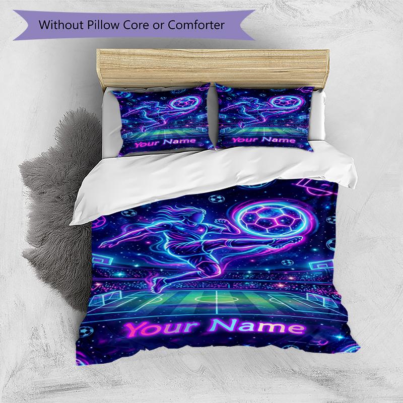 3PC Custom Name Neon Soccer Dreams Bedding Set Duvet Cover Closure Includes 1 Duvet Cover & 2 Pillowcases for Bedroom