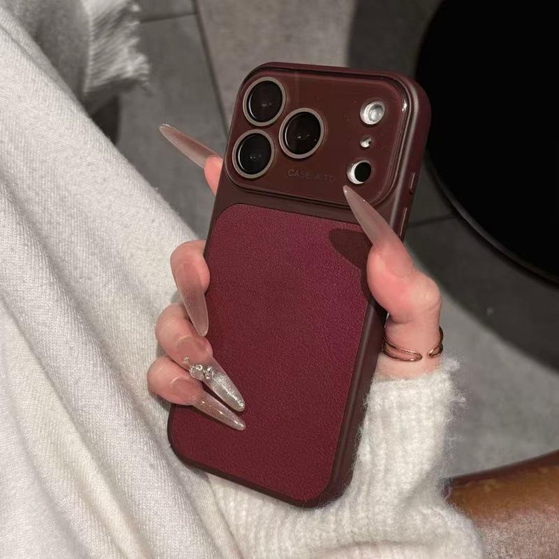 Противоударный чехол с текстурой кожи для iPhone 14/15/16/17 Pro Max - Однотонный дизайн.