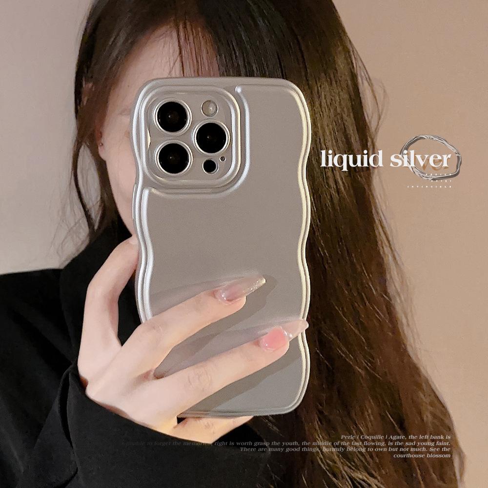 Electroplated silver Apple 17 phone case, high-end feel for iPhone 14, suitable for 16, 15 Pro Max, wavy edge, solid color for 12
