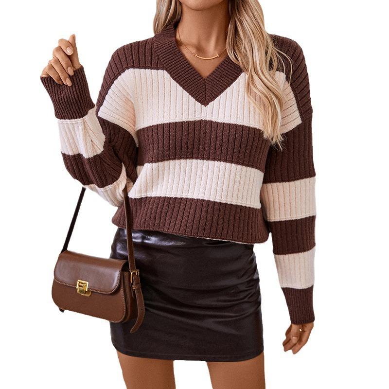 2024 Европейский и Американский Осень-Зима Новый V-образный вырез женский вязаный свитер свободный ретро-пуловер полосатый цветной блок свитер
