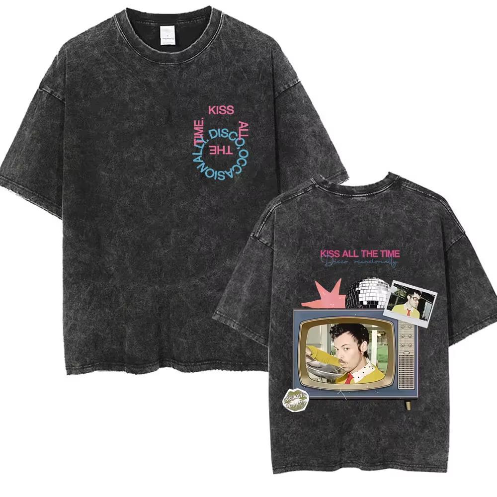 Kiss All The Time Disco Occasionally Washed Vintage T-shirts Fans Gift Men Women Fashion Pop Music Streetwear Male Oversized Tee