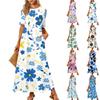 Women's Fashionable And Casual Long Beach Skirt Round Neck Short Sleeved Loose Retro Print Dress