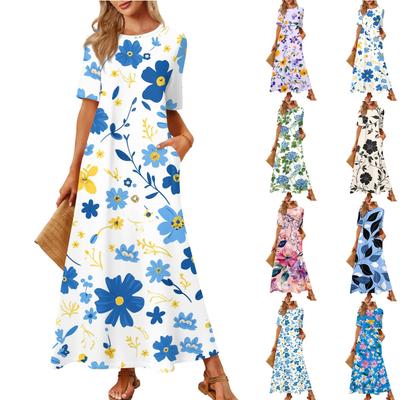 Женская модная и повседневная длинная пляжная юбка с круглым вырезом и короткими рукавами, свободное платье с принтом в стиле ретро