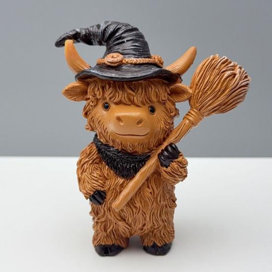 2Pcs Halloween Highland Cow Resin Figurine Wizard Hat Pumpkin Broom