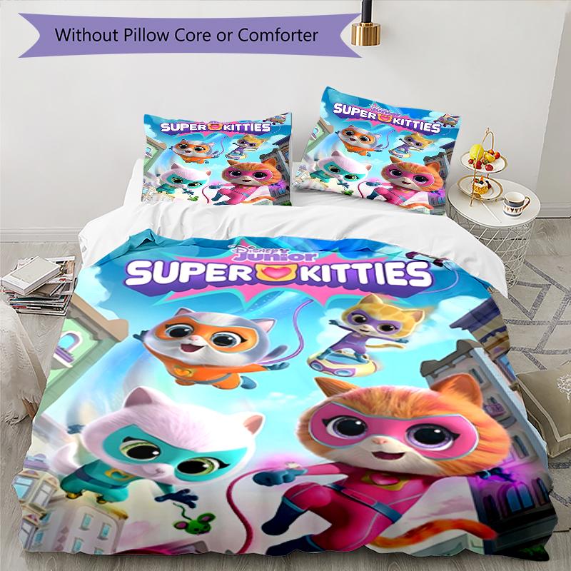 3pcs Super Kitties Adventures2 Design Cover Set - HD Printed Bedding with 1 Cover and 2 Pillowcases - Perfect for Home and Dorm Decor