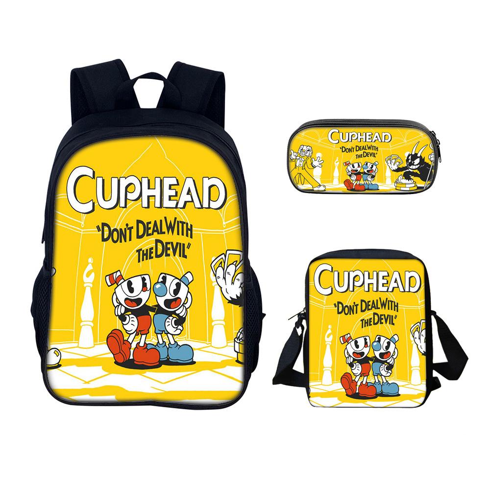 Набор из 3 предметов Cuphead Рюкзак Школьные сумки Аниме Сумка через плечо Пенал Кемпинг Сумки для книг для мальчиков и девочек Лучший подарок