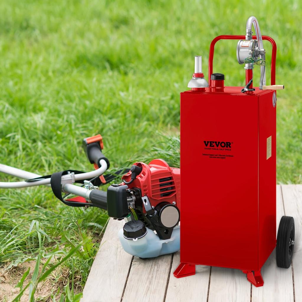 30 Gallon Fuel Caddy, Fuel Storage Tank on 2 Wheels, Portable Gas Caddy with Manuel Transfer Pump, Gasoline Diesel Fuel Container for Cars, Lawn